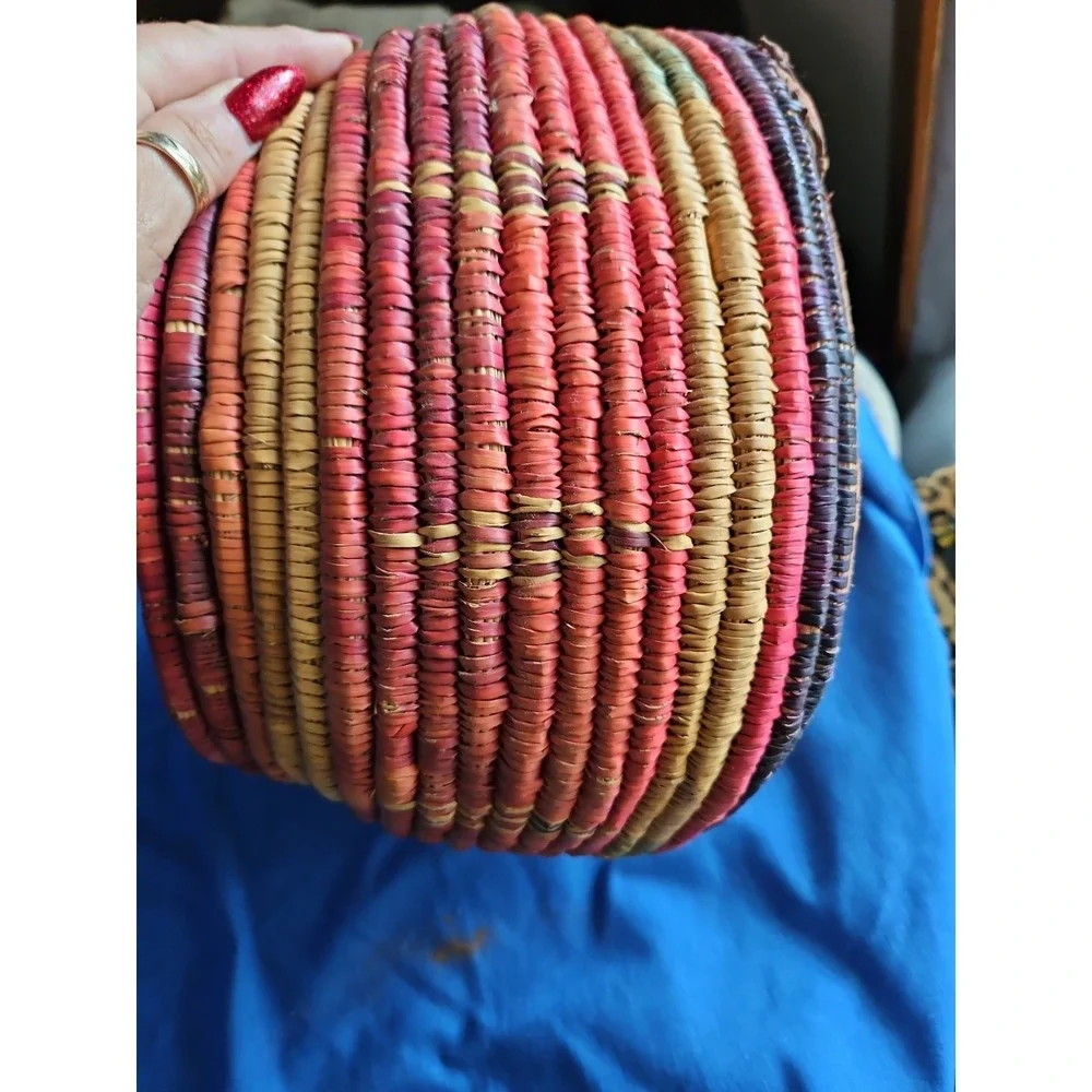 Handwoven Coiled Basket Lidded Storage Rustic Primitive Leather Polychrome 10